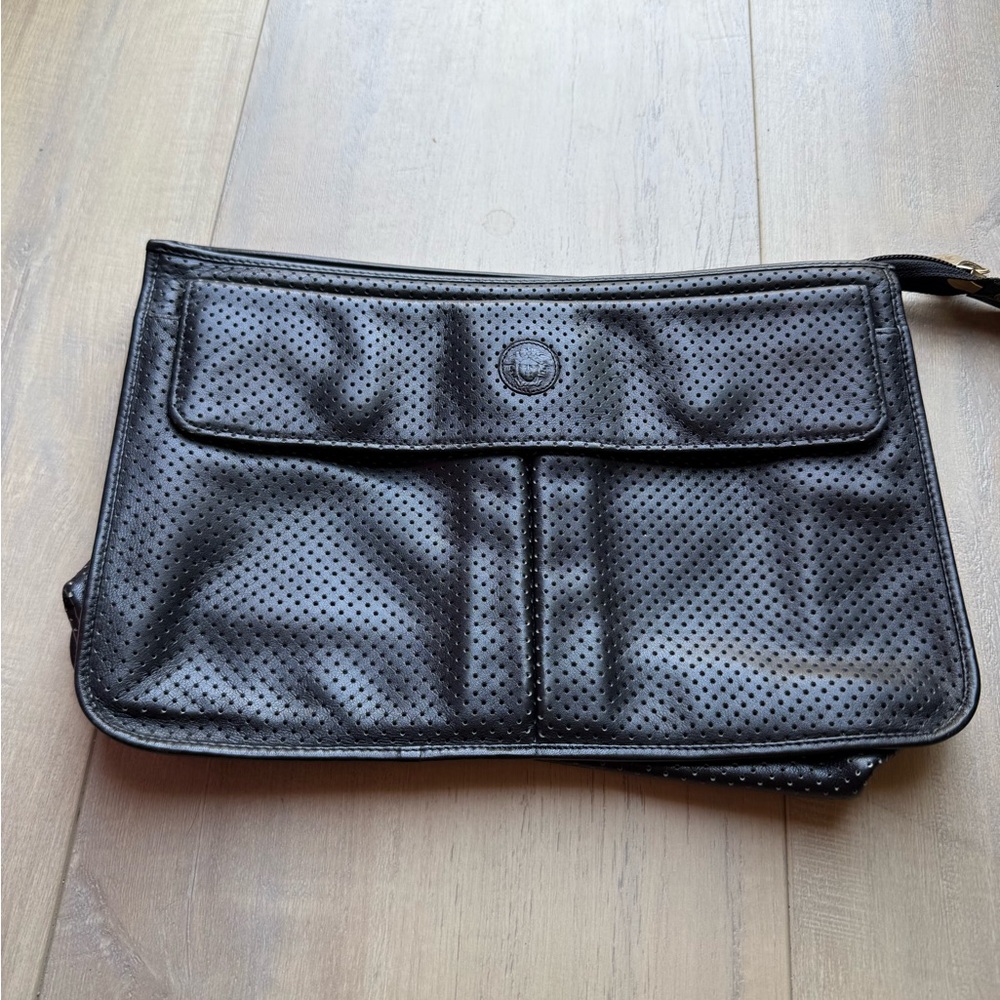 Versace Black Mens Perforated Leather Clutch - Sleek Travel Pouch